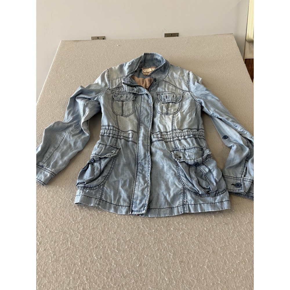 Marrakech Jacket Womens Medium Blue Lyocell Chambray Utility Zip Pockets Casual